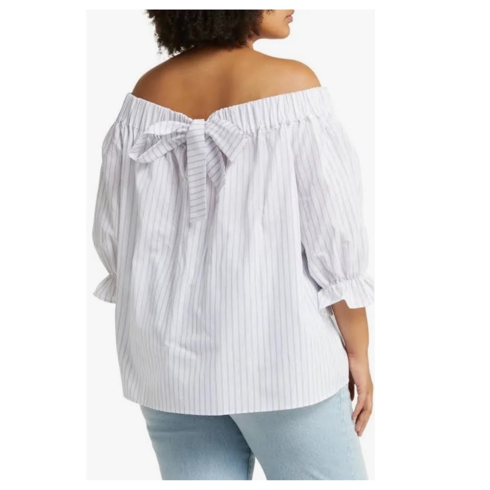 Harshman Coastal Gruner Off Shoulder Linen Blend Top White & Lavender Stripe 3X